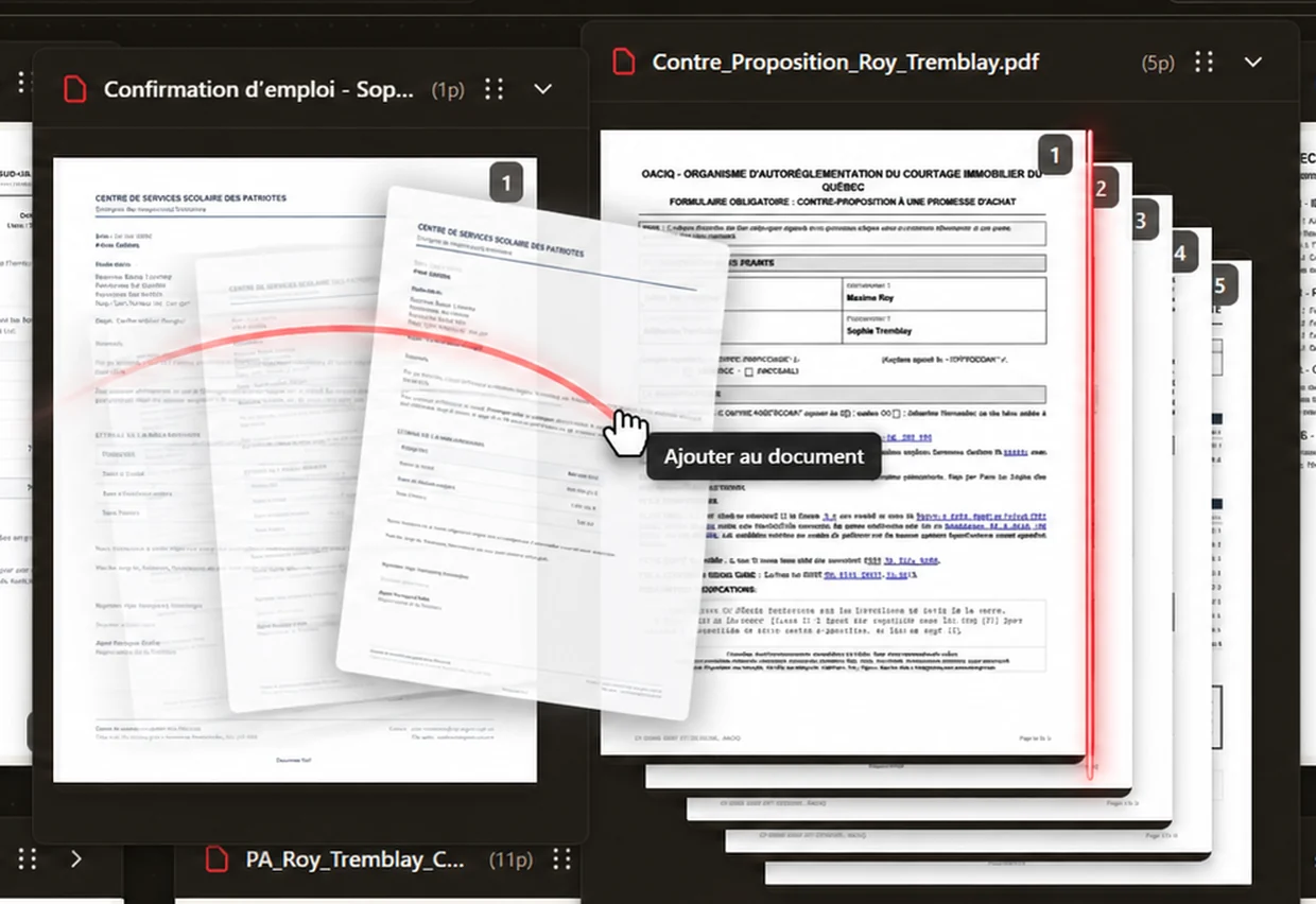 Une page gliss&eacute;e d'un document vers un autre dans Trombone PDF, avec l'infobulle &laquo;&nbsp;Ajouter au document&nbsp;&raquo; sous le curseur.