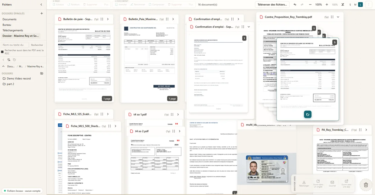 Le plan de travail de Trombone PDF en th&egrave;me clair : seize documents d'un m&ecirc;me dossier &eacute;tal&eacute;s c&ocirc;te &agrave; c&ocirc;te.