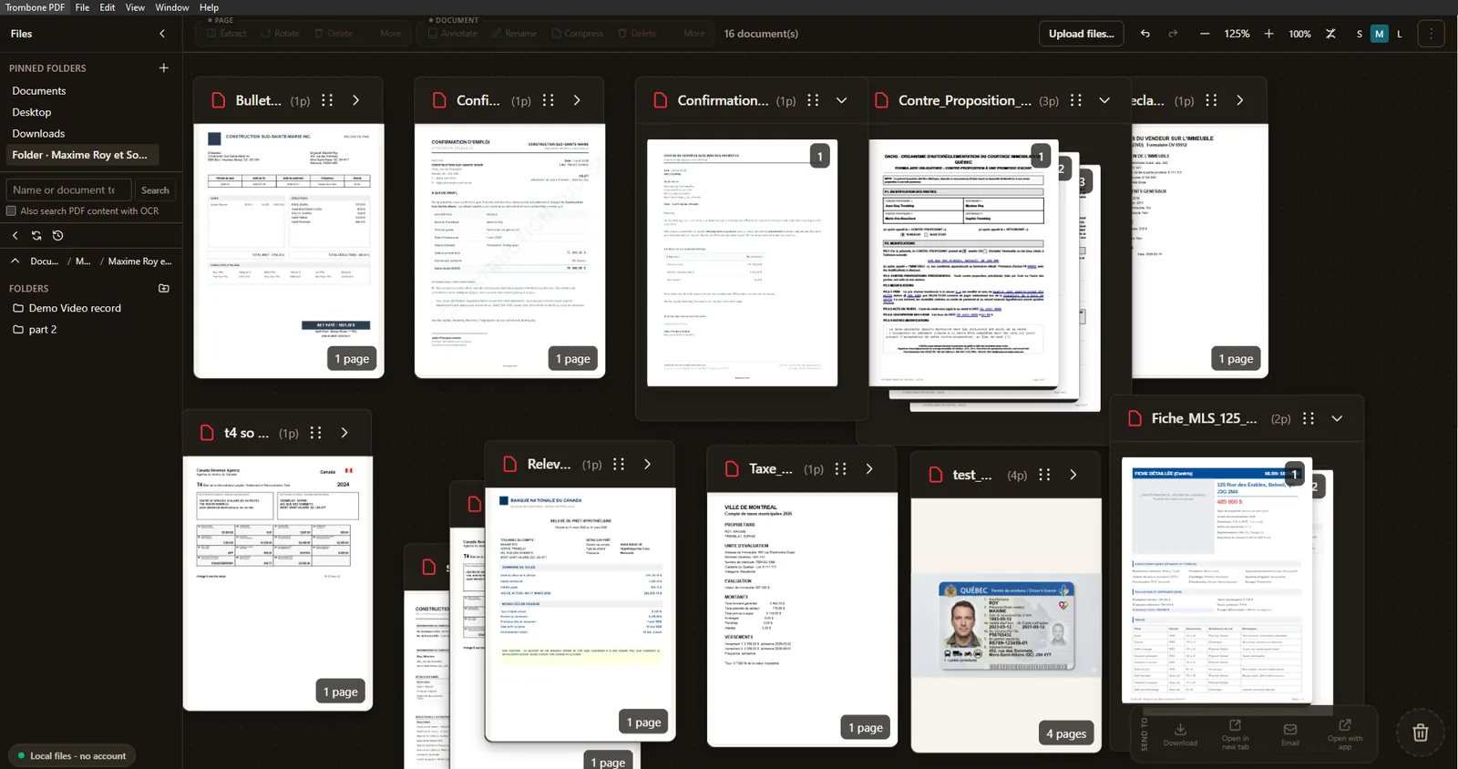 Le plan de travail de Trombone PDF : seize documents d'un m&ecirc;me dossier &eacute;tal&eacute;s c&ocirc;te &agrave; c&ocirc;te, chacun avec son nombre de pages.